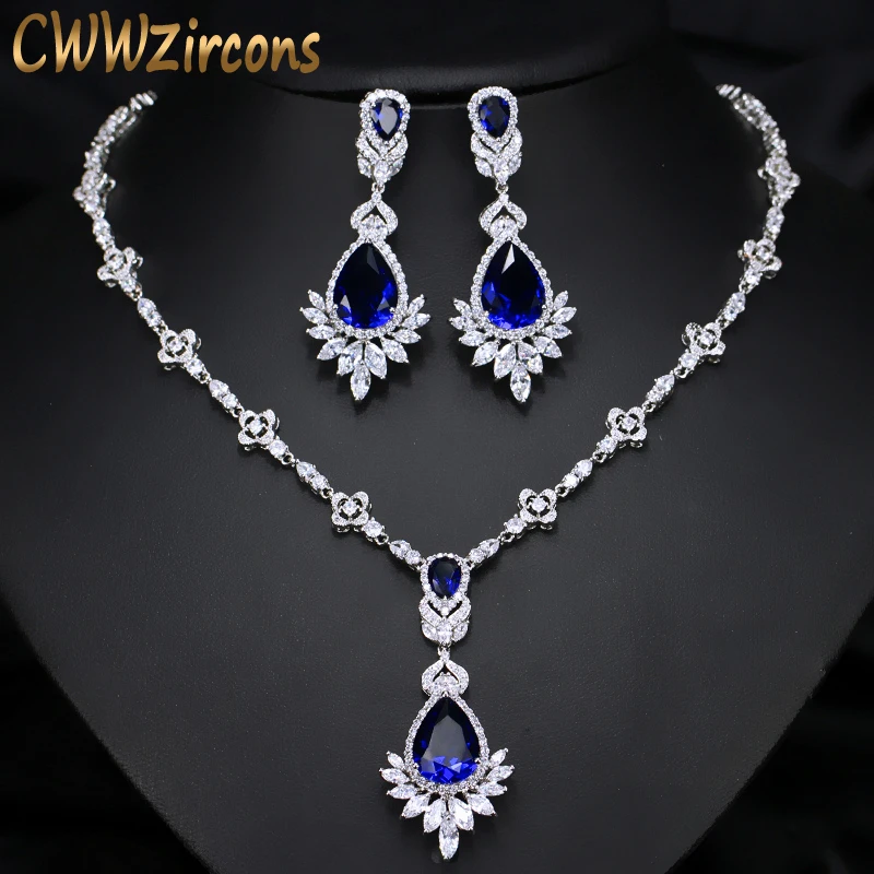 CWWZircons AAA Quality Cubic Zirconia Big Drop Royal Blue Bridal Wedding Evening Earring Necklace Jewelry Set For Women T064 CWWZircons AAA Quality Cubic Zirconia Big Drop Royal Blue Bridal Wedding Evening Earring Necklace Jewelry Set For Women T064