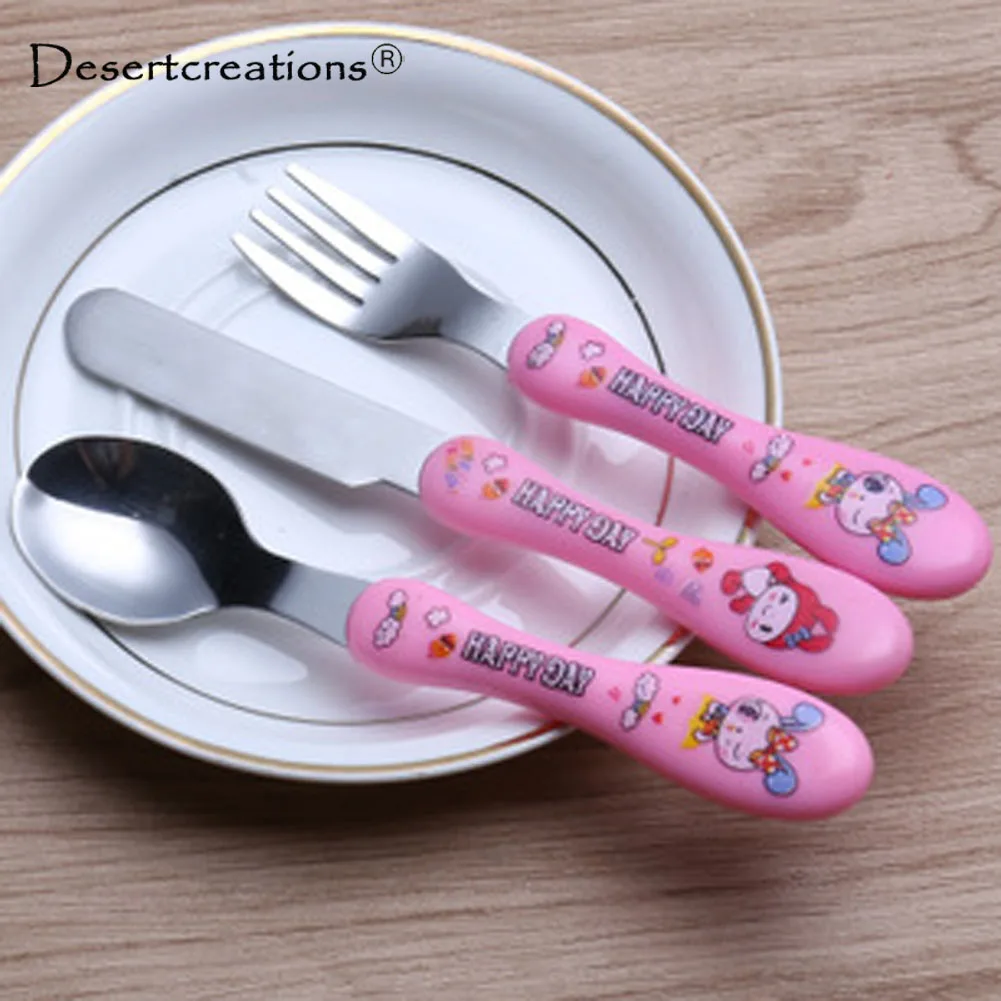 

3 pcs/Set Children Training Dinnerware sets Funny Stainless Steel Cutlery Tableware for Kids Plastic handle