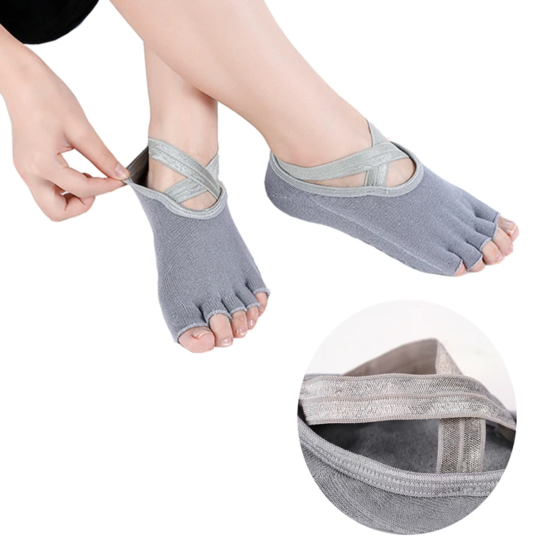 1 Pair Women Anti Slip Sports Yoga Socks with Grips Five Finger Toeless