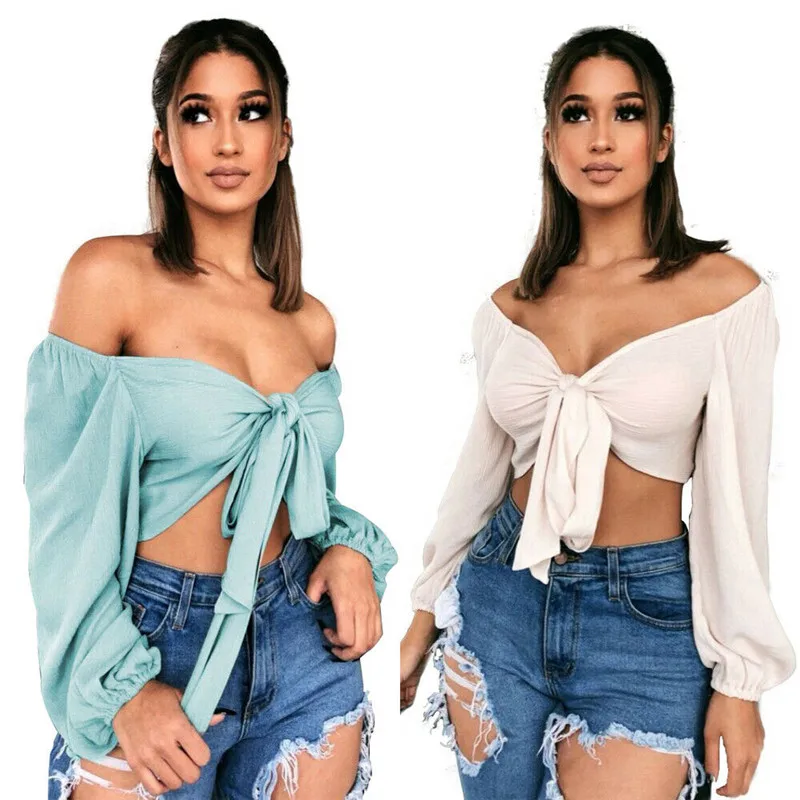 

Fashion Women Chiffon Blouses Long Puff Sleeve Bow Knot Crop Tops Summer Solid Off the Shoulder Ladies Shirts Women Crop Tops