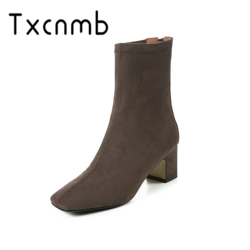 

TXCNMB 2019 Boots Women Ankle Boots for Women Winter Flock Leather High Heel Black Gray Shoes Woman