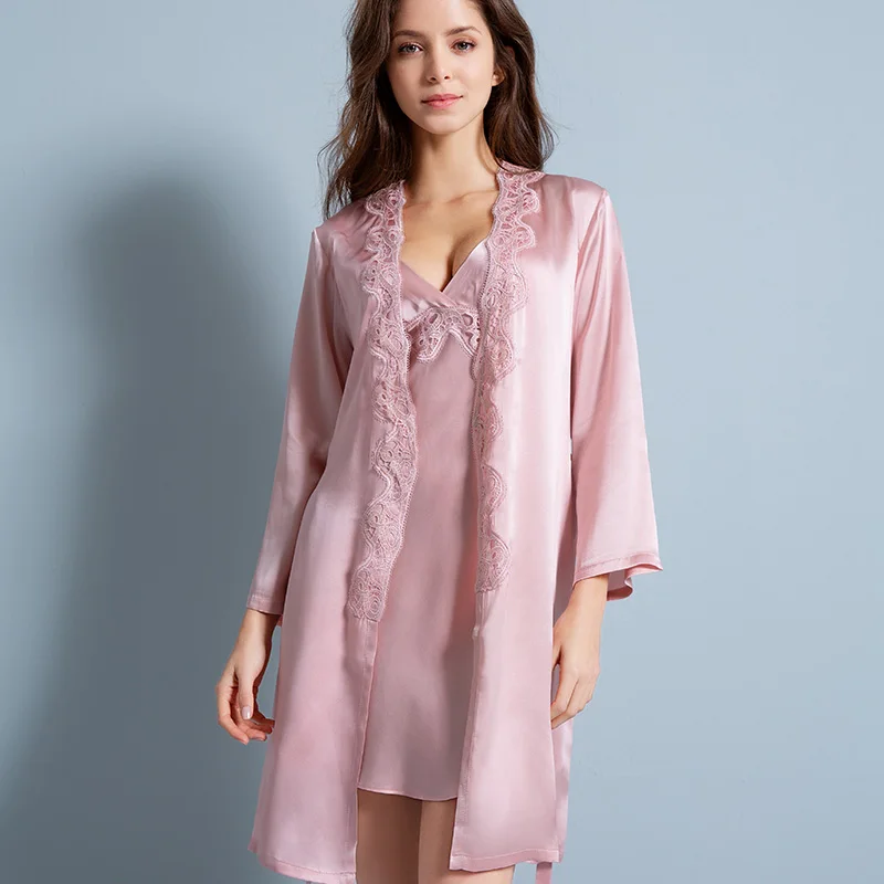 

Summer Women 100% Real Silk Robe Nightgown Set For Ladies Sexy Lace Pure Natural Silk Bathrobe+Nightdress Sleepwear Nightwear