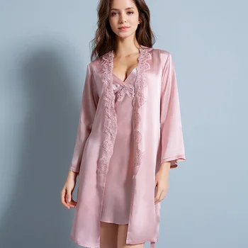 

Summer Women 100% Real Silk Robe Nightgown Set For Ladies Sexy Lace Pure Natural Silk Bathrobe+Nightdress Sleepwear Nightwear