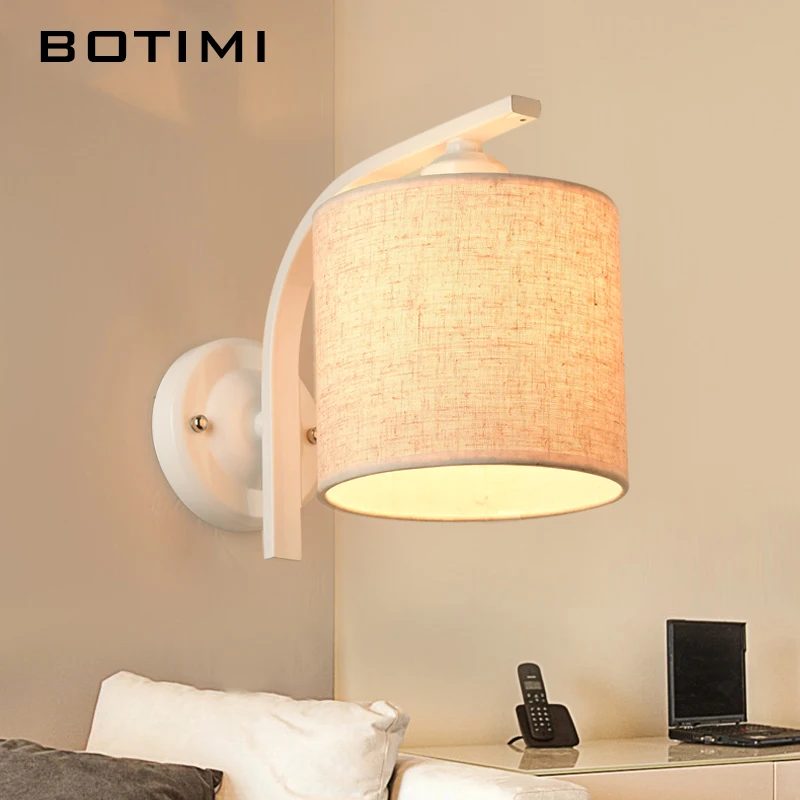 

BOTIMI Nordic Bedroom Wall Lamp applique murale luminaire Wall Sconce With Fabric Lampshade E27 Indoor Home Lighting