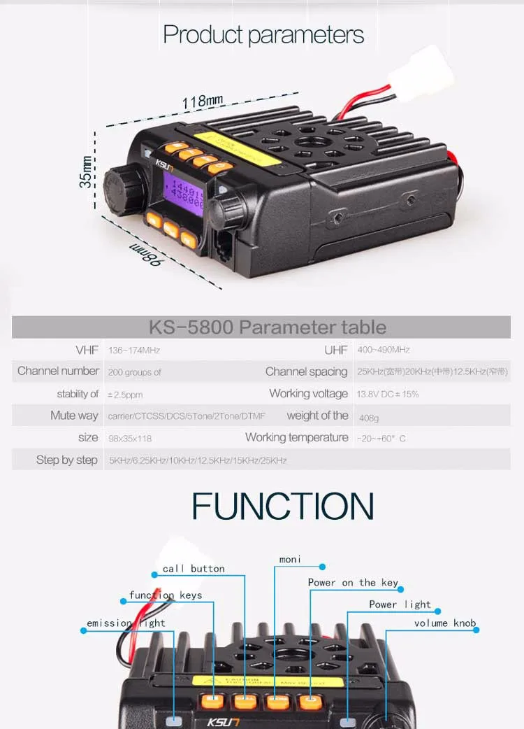 Мини-автомобильное радио KSUN KS-5800 двухстороннее радио 136-174/400-480 МГц двухдиапазонный мобильный трансивер рация