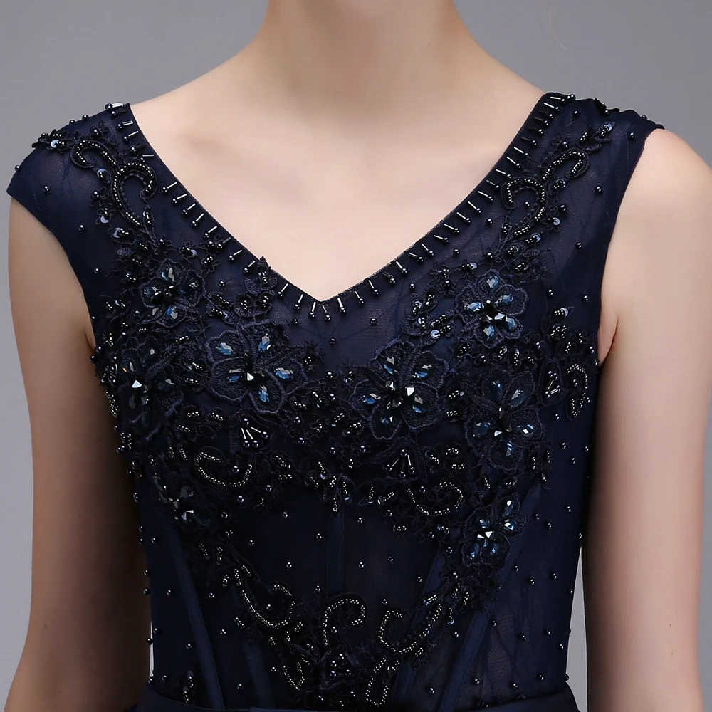 Распродажа банкетное элегантное вечернее платье с v-образным вырезом длиной до пола темно-синее Бисероплетение Выпускной вечернее платье халат De Soiree