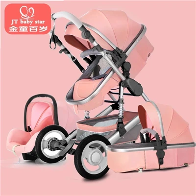 Роскошные Детские коляски 3 в 1 на колесиках с высоким ландшафтом, эксклюзивные Прогулочные коляски, эффективно снижающие вибрацию, зонтик для автомобиля - Цвет: pink