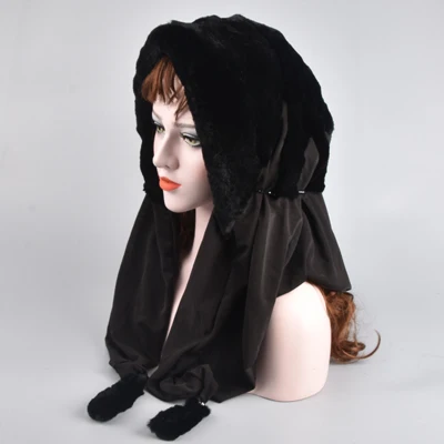 New Genuine Rex Rabbit Fur Hats Multi-Use Scarf Warm High Quality Female Beanies Fur Scarf Hats Winter Caps - Color: Black