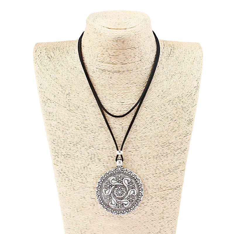 

1PCS Tribal Bohemian Boho Silver Medallion Carve Flower Mandarin Duck Charms Pendants Faux Suede Leather Cord Necklace Choker