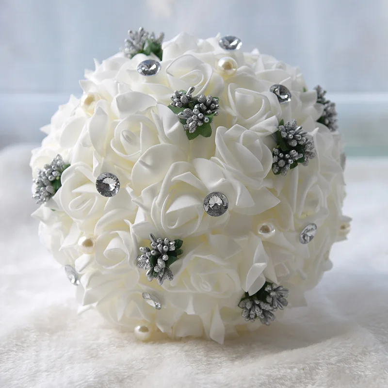 

PE Flowers Wedding Accessories Crystal Bride Bouquet Romantic Bridal Bouquet Artificial Whit Rose Brides Wedding Decoration s118