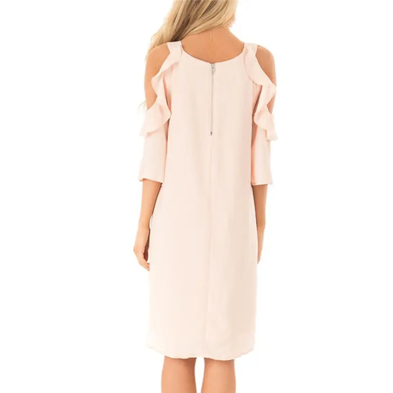 New Women Summer Ladies Strapless Shoulder Ruffle Sleeve Pure Color Summer Dress Elegant Mini Fashion Casual Vestidos #4A30 (6)
