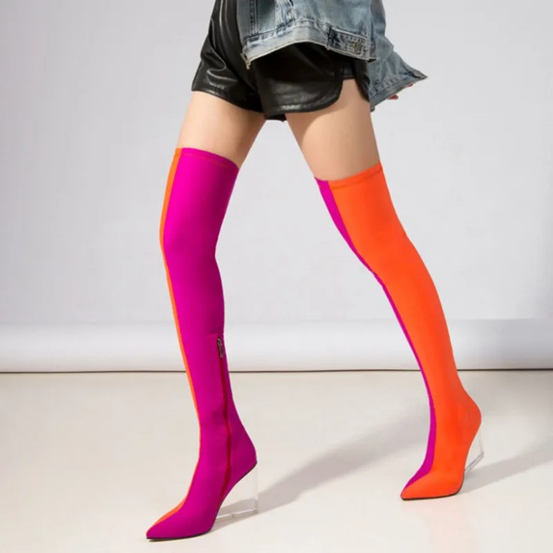 

Brand New Over The Knee Boots Women Wedge Shoes Pointed Toe Clear Heel Long Boots Elasticity Ladies Shoes High Heels