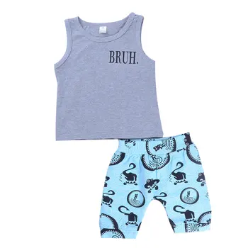 

Infant Baby Clothing Sets Sleeveless Grey Bruh Tops+Cartoon Blue Print Shorts Bebe Clothes Suit Kids Toddler