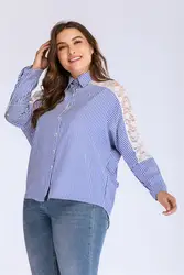 Осенняя полосатая Сексуальная кружевная открытая блузка большого размера женские топы большого размера 5XL 4XL синяя полосатая одежда