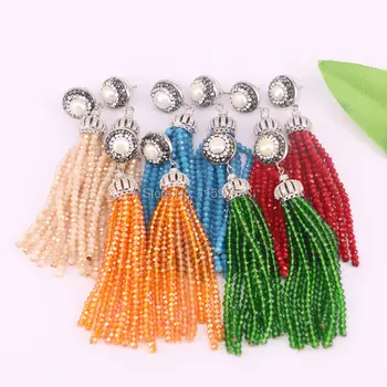 

5Pairs Handmade jewelry bohemia pearl & Pave cz cap multi colors crystal beaded tassel long dangle earrings