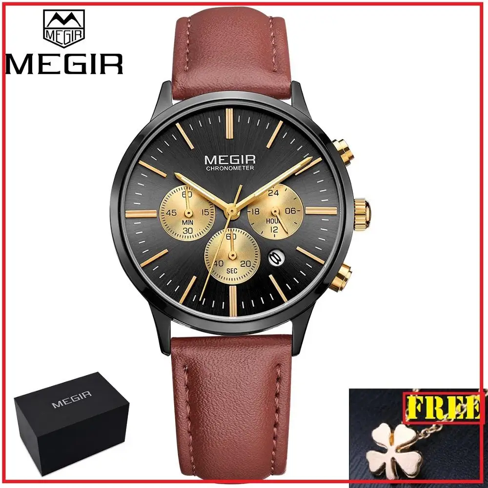 

Megir Chronograph Date Indicator Brown Leather Strap Quartz Wrist Watch for Women Ladies Fashion Gold Rose Wristwatch ML2011L