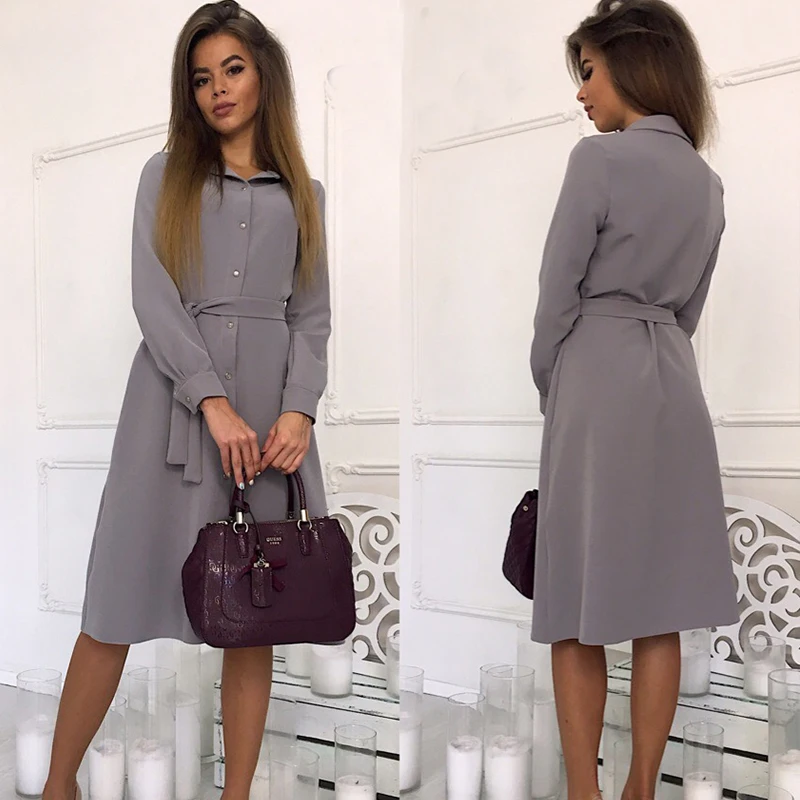 

2019 Women Vintage Sashes Long Sleeve Dress Ladies Turn Down Collar Solid Knee-Length dress Casual Female Straight Party Dress