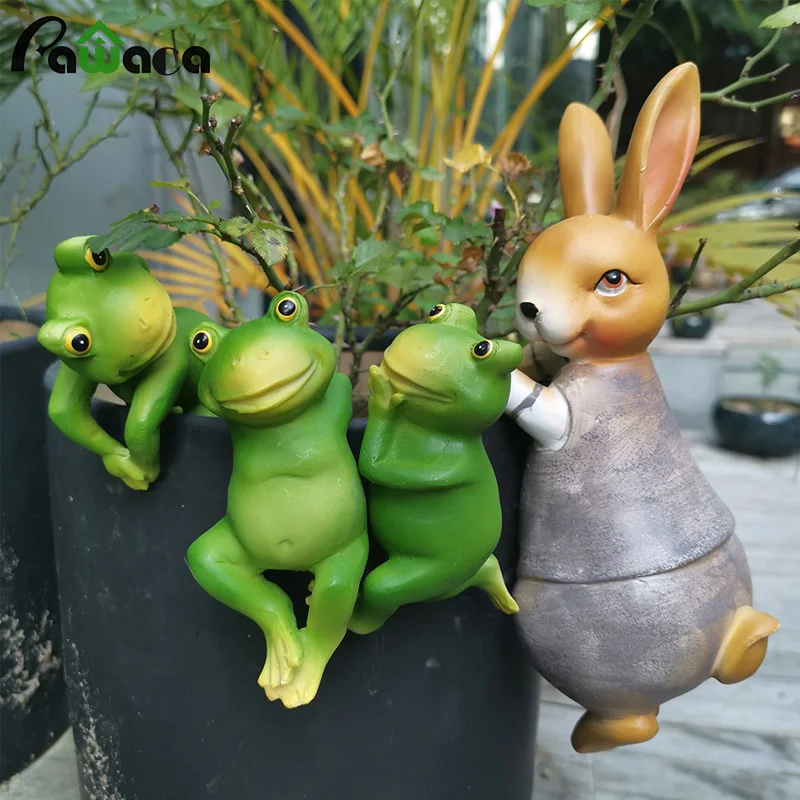 

4PCS 3D Frog and Rabbit Figurine Animal Ornaments Fairy Planter Pot Hanger Decorations Miniature Statue Home Garden Pot Decor