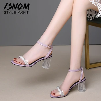 

ISNOM Summer Sandals Women Crystal Heels High Sandals Cow Leather Ankle Strap Shoes Female Transparent Pvc Wedding Shoes Ladies