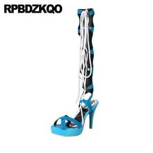 Стилет на платформе Голова рыбы синий 12 44 высокие сапоги гладиатор больших размеров зашнуровать сандалии Роскошные бренды обувь женщины ботинки каблуке фетиш китайский мода женский полусапожки женская