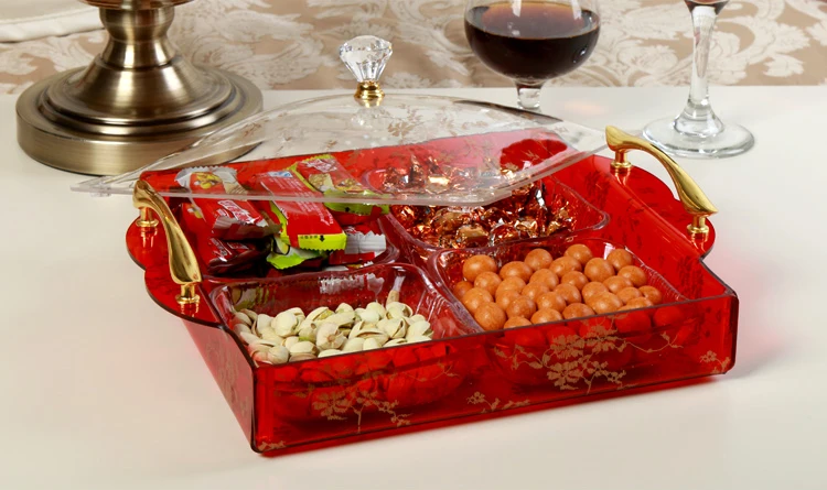 Специальное предложение-акриловый поднос для упаковки конфет, мульти-сетка, фруктовая Тарелка с крышкой, золотая ручка, для хранения закусок, блюдо, свадебное оформление коробки