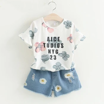 

Girls Clothing Sets Summer New Toddler Kids Clothes Fashion Print T-Shirt +Flower Denim Shorts Girls Girls 2 Piece Set