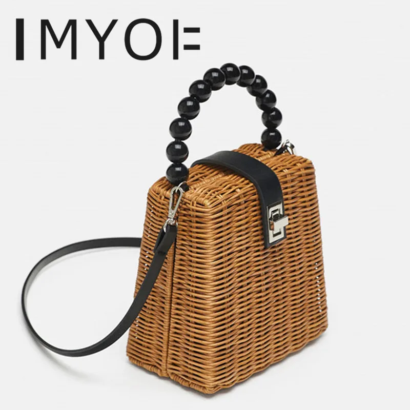 

2019 Brand Designer Female Small Tote Bags for Summer Travel Handle Bag Women Bead Hand-woven Straw Bag Ladies Shoulder for Girl
