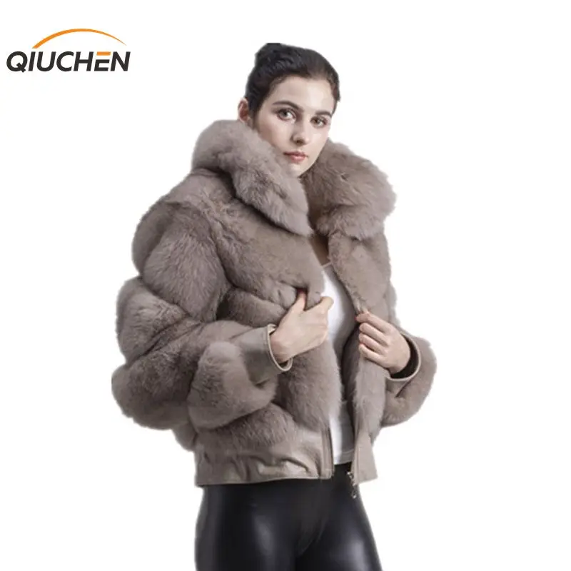 

QIUCHEN PJ1815 2019 Free shipping new arrival women winter thick real fox fur jacket big collar with zipper Printed leather