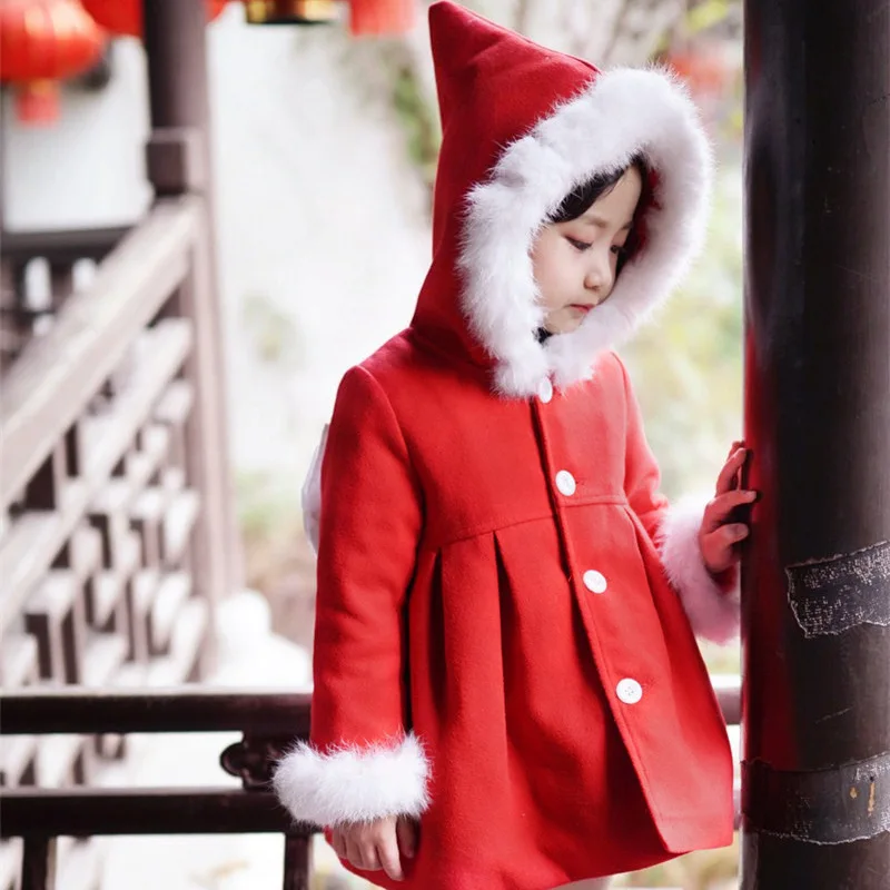 2018 New Baby Girl Winter Coat Red Christmas Hood Cotton Padded Big Bow