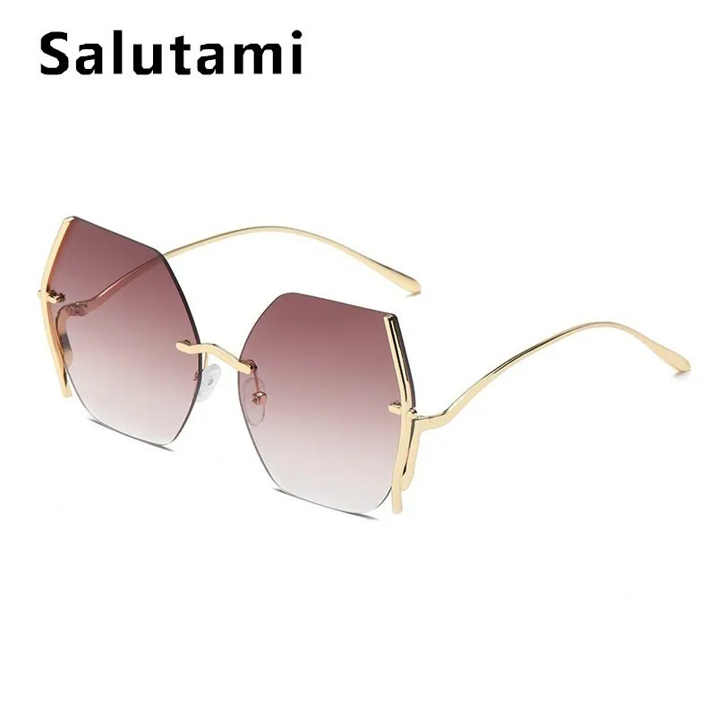 Многоугольная резка, безрамные солнцезащитные очки "кошачий глаз" для женщин, сплав, изогнутые ноги, сексуальные очки, женские розовые зеркальные оттенки, большие коричневые