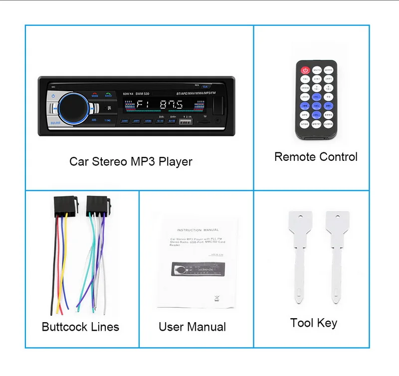 1 Din Bluetooth In Dash 530 Стерео FM DC 12V USB 2.1 Пульт дистанционного управления RCA AUX MP3 Audio Player Поддержка громкой связи