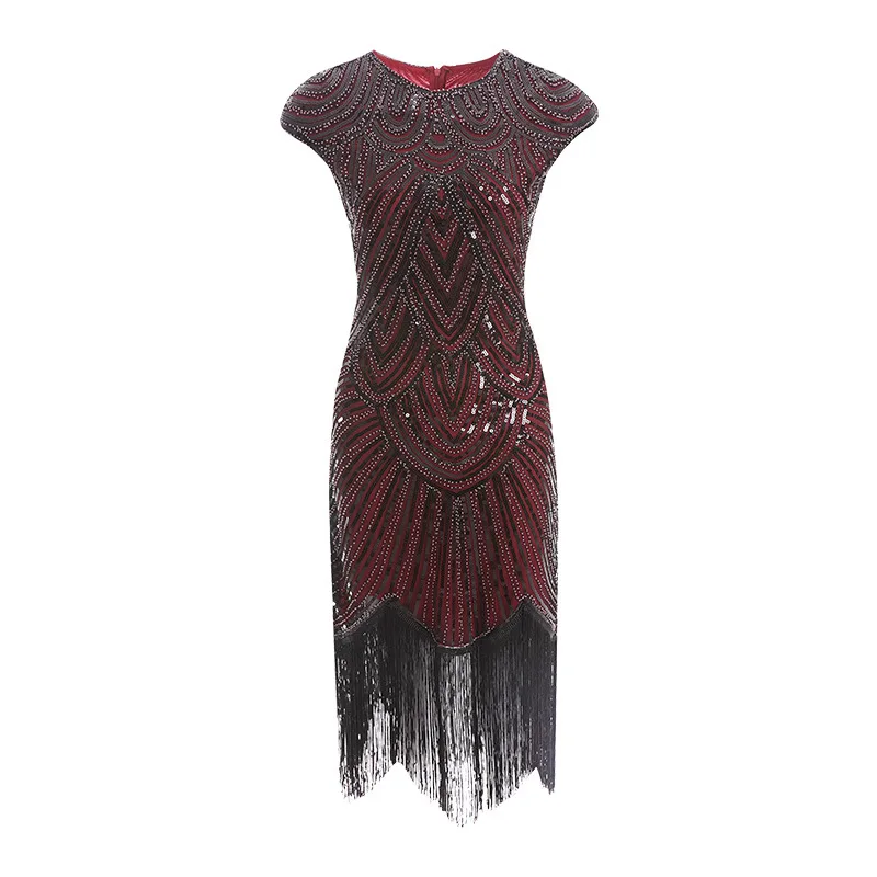 Женское винтажное платье с оборками 1920 s, с круглым вырезом, с рукавом-крылышком и блестками, с бахромой, платье миди, Vestidos, летние вечерние платья, элегантные - Цвет: Бургундия