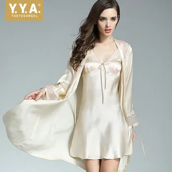 

New Luxury Real Silk Womens Two Piece Sexy Suspenders Bathrobes Lace Dressing Gown Robe Set Female Sleeping Nightgown Suit
