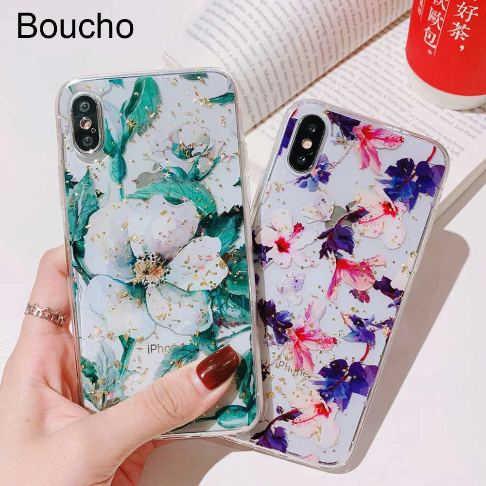 Чехол Boucho для Funda iPhone Xs MAX 6 6S 7 8 Plus XR с золотыми блестящими цветами из фольги чехол