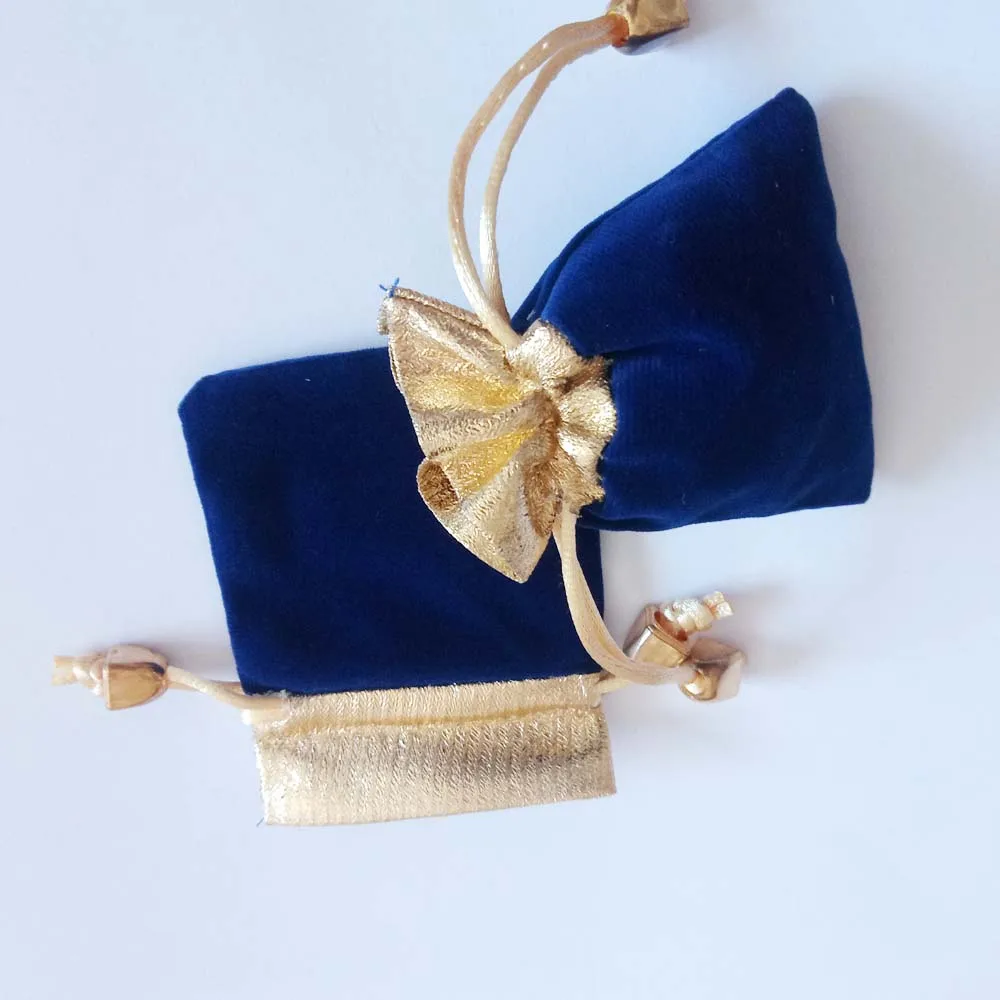 

50pcs Phnom Penh Gold Bead Blue Velvet Bag Jewellery Pouch Gift Bags Wedding Drawstring Bag Woman Jewelry Display Gift Pack Bag