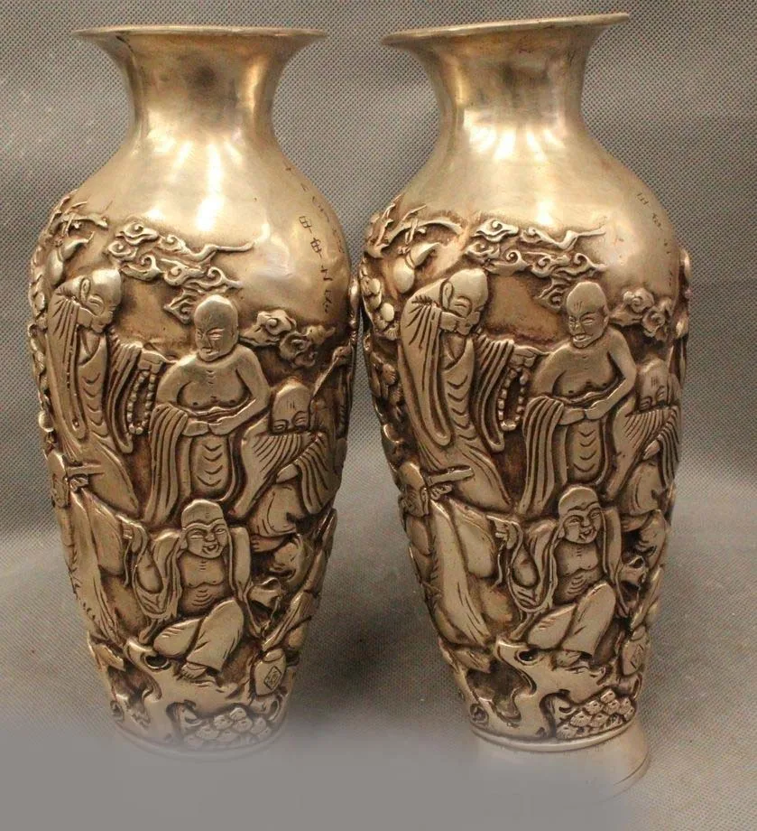

10" China Chinese Silver Buddhism Eighteen arhat rohan Flower Bottle Vase Pair
