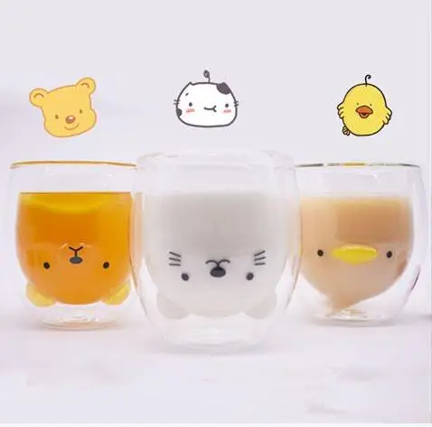 

Double Walls Glass Creative Transparent Cartoon Bear Cat Duck Coffee Mug Milk Juice Cute Cup Send Girlfriend Gift Cat Paw Cup