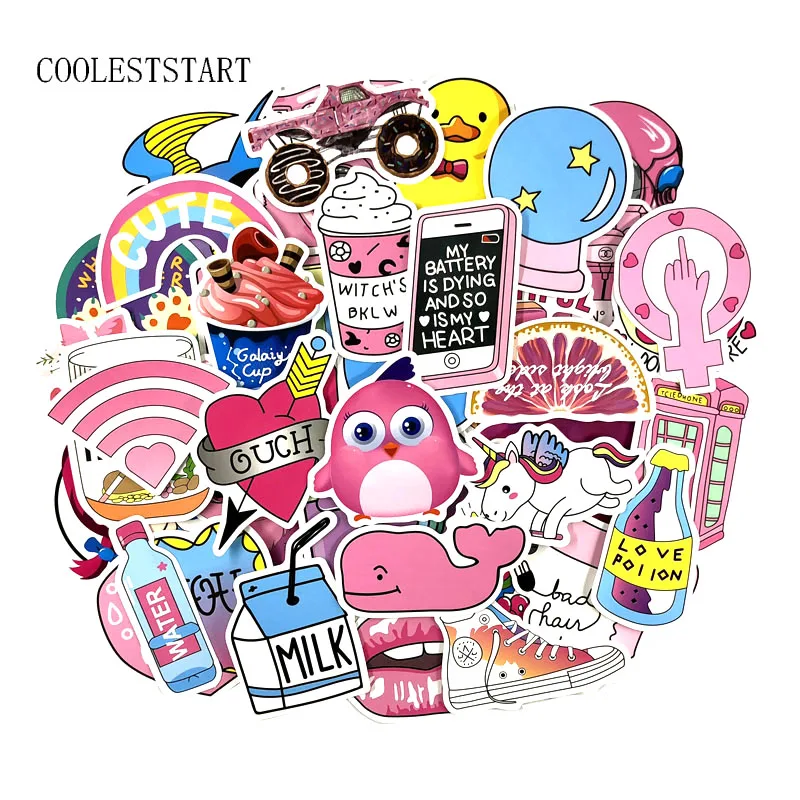 

50 Pcs/Set Pink Girls Fun Decal Stickers Toys Luggage Stickers For Moto Car Cool Fashion Laptop PVC Waterproof Sticker For Girl