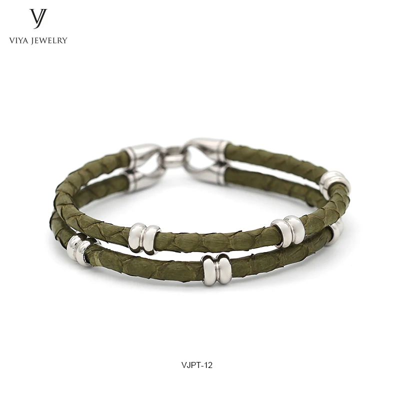 genuine python leather cords wirh silver color stainless steel beads clasp bracelet for men (3)