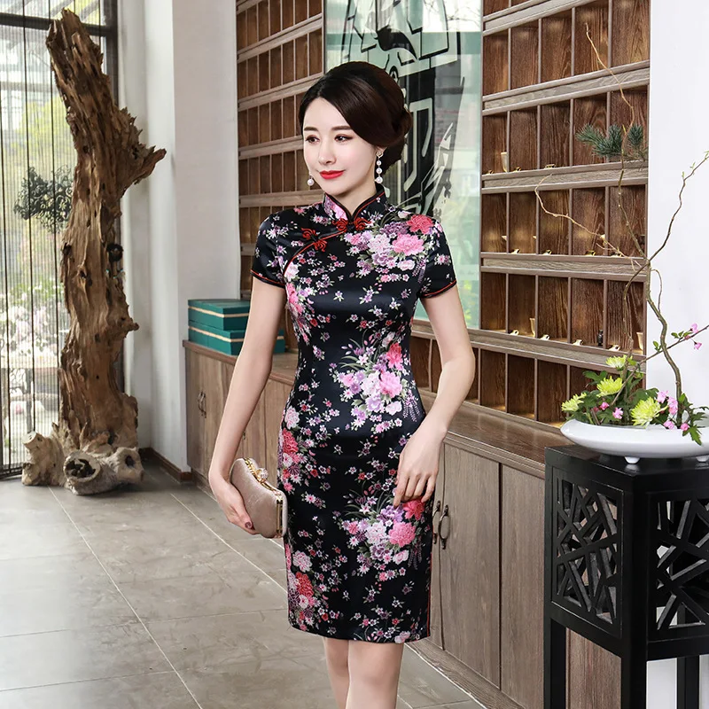 Sheng Coco 6XL красные цветы Cheongsam китайские короткие платья улучшение древнее традиционное китайское Ципао платье атласное Qi Pao 5XL