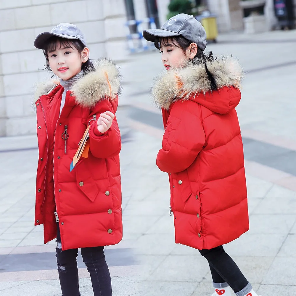 

HSSCZL Girls Down Jackets 2018 New Long Big Girl Down coat Winter Thicker Overcoat Parkas Outerwear Letter Hooded Natural Fur