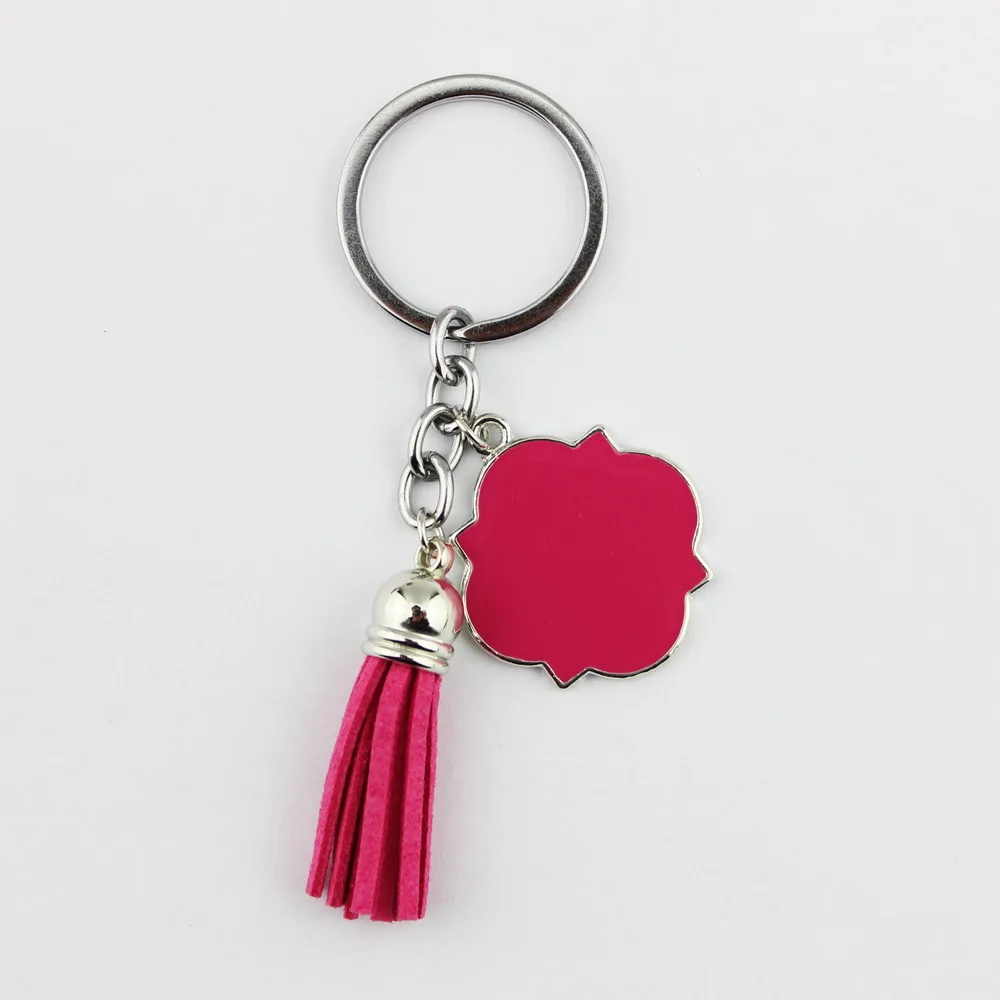 Персонализированные монограмма эмаль Магнолия Quatrefoil пустой бархат кожа кисточкой сумка Подвеска ключи цепи для подарок на день матери - Цвет: Silver Hot Pink