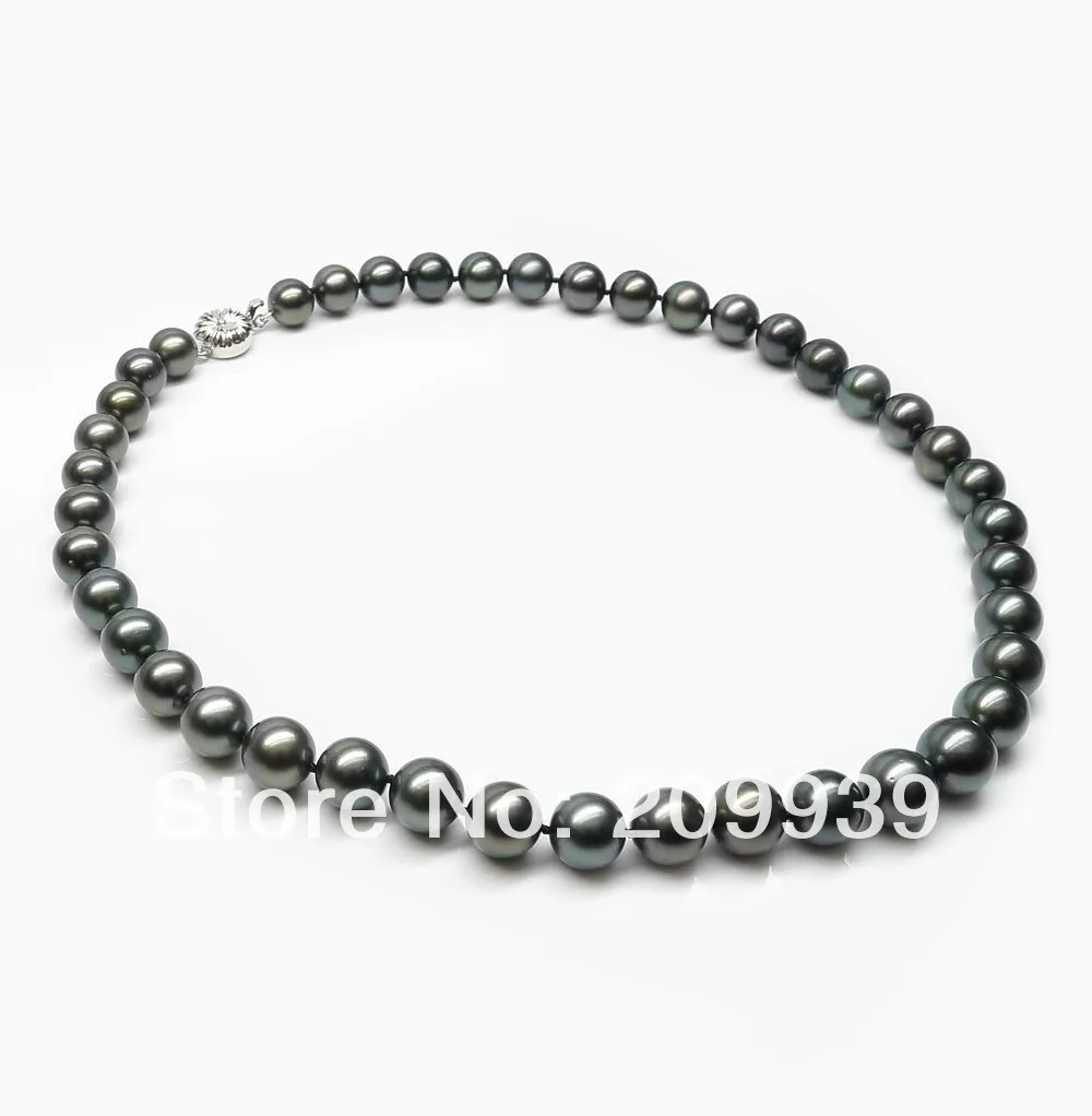 

huij 003225 FINE!ROUND BLACK NATURAL TAHITIAN PEARL9-10.6MM NECKLACE 18INCH!925S CLAPS