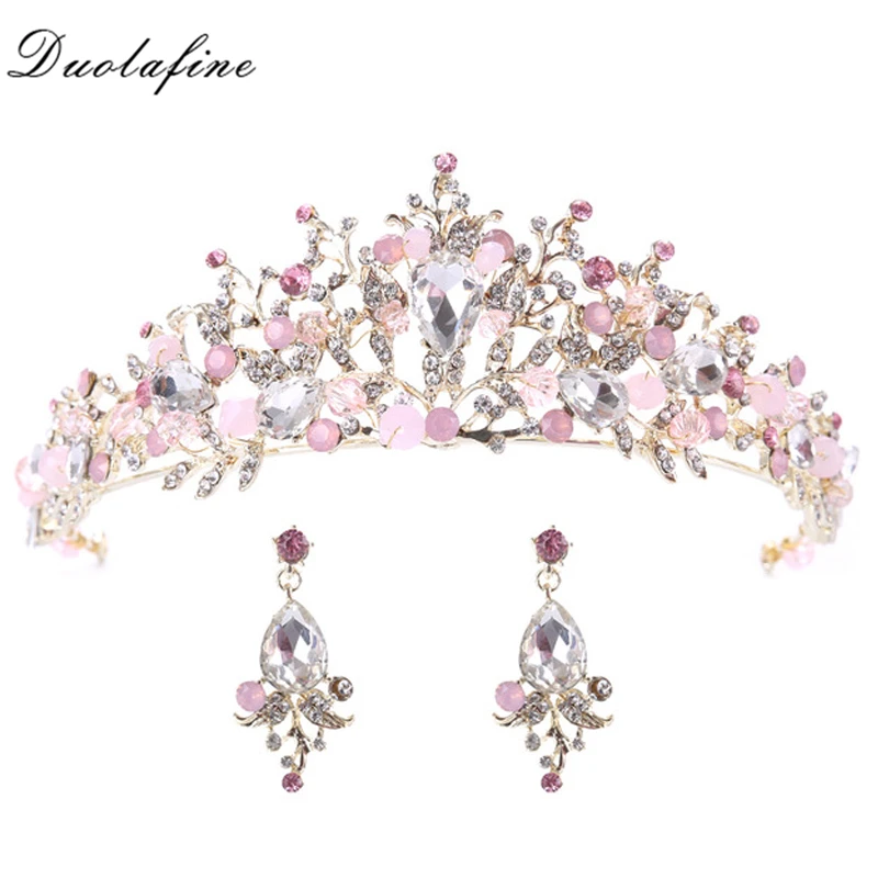 Fashion Gold Color Flower Pink Crystal tiara Princess Crown For Wedding Bride Hair Accessories Jewelry 2 Pcs Earrings HG177 | Украшения и