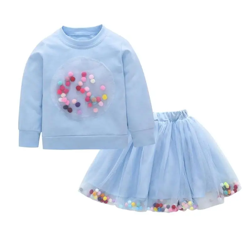 

2pcs/Set Autumn Spring Girls Baby Clothes Set Long Sleeve Sweatshirt Dress Pompon Decor