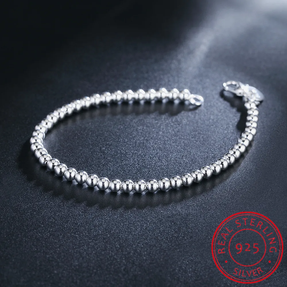 

LEKANI 925 Solid Real Sterling Silver Fashion 4mm Round Beads Bracelet 20cm For Teen Girls Lady Gift Women Fine Jewelry