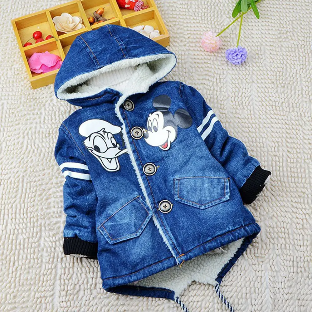 

YNB Kids Winter High Quality Denim Thicken Velvet Coats Boys Girls Cartton Long Coat Children Keep Warm Wind Jacket Clothes