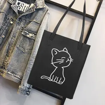 

PU Leather Cartoon Kitten Casual Large-capacity Shopping Lady Shoulder Bag Simple Style Solid Totes Travel Purses and Handbags
