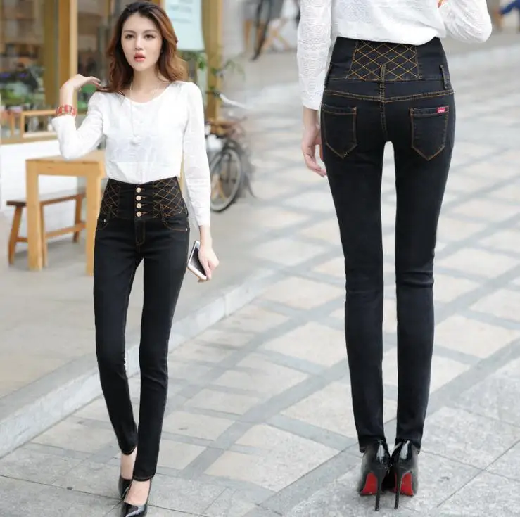 Winter European style high waist jeans Female black was thin Large size ...