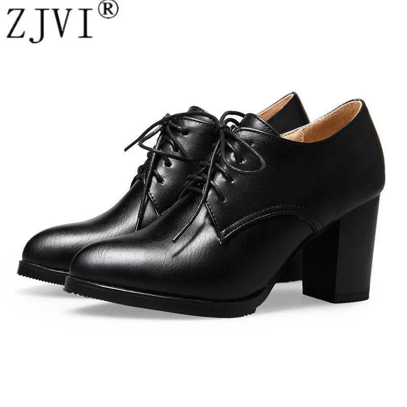 

ZJVI 2019 fashion spring autumn woman lace up pumps for women sexy 8cm square high heels winter ladies black work casual shoes